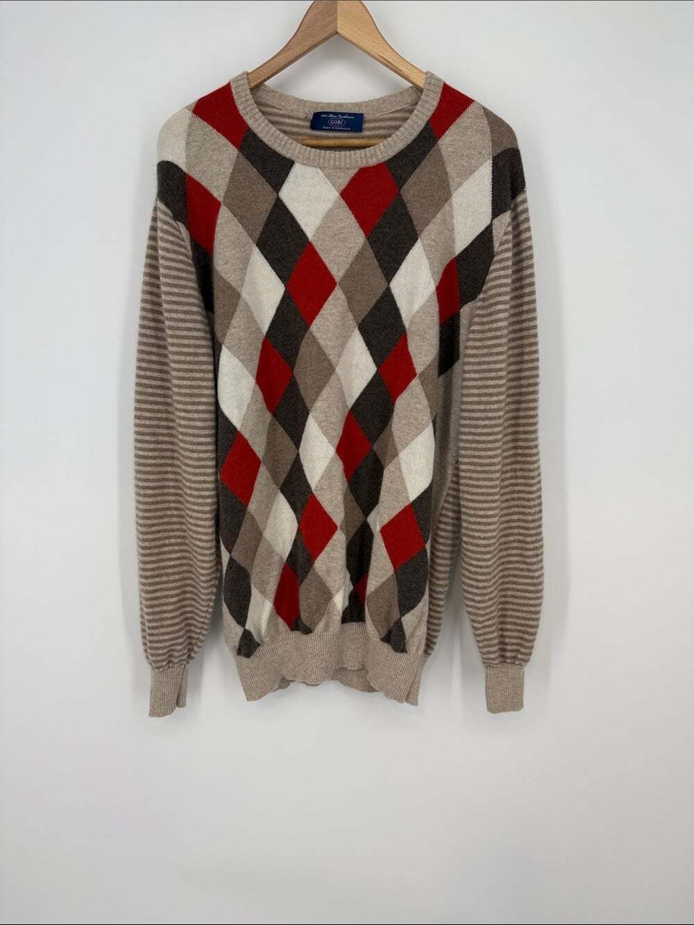 Gobi Cashmere Tan, Red & Brown Argyle Crewneck Sweater - Made in Mongolia